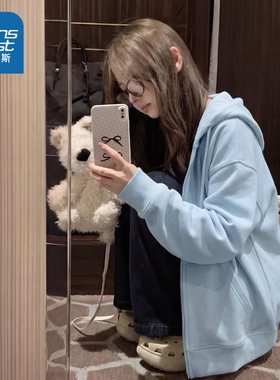 NOW真维斯蓝色连帽卫衣女2026春秋新款oversize外套chic慵懒开衫