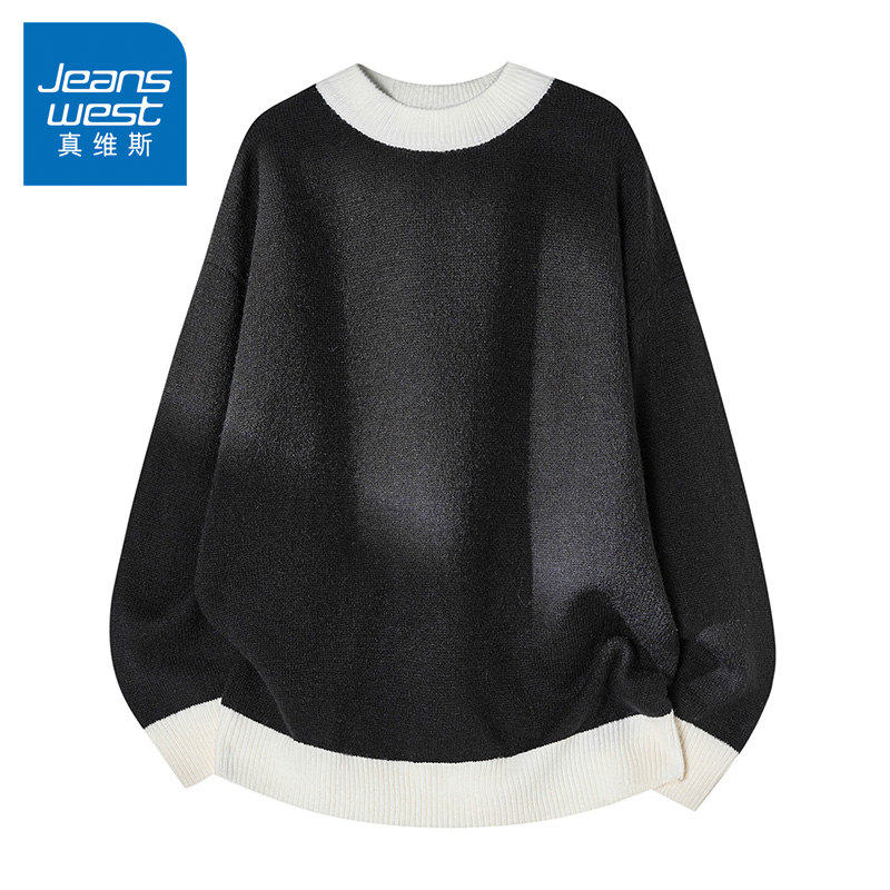 N5真维斯毛衣男2025新款秋冬季撞色宽松圆领上衣服保暖男款针织衫