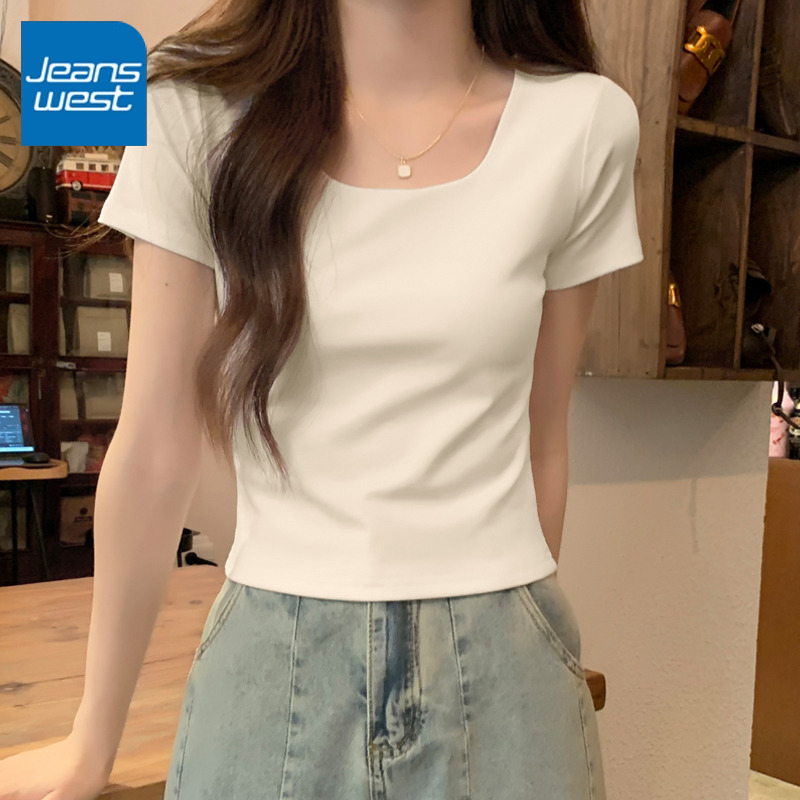 KV真维斯方领露锁骨短袖t恤女2025夏季 新款杏色修身显瘦短款