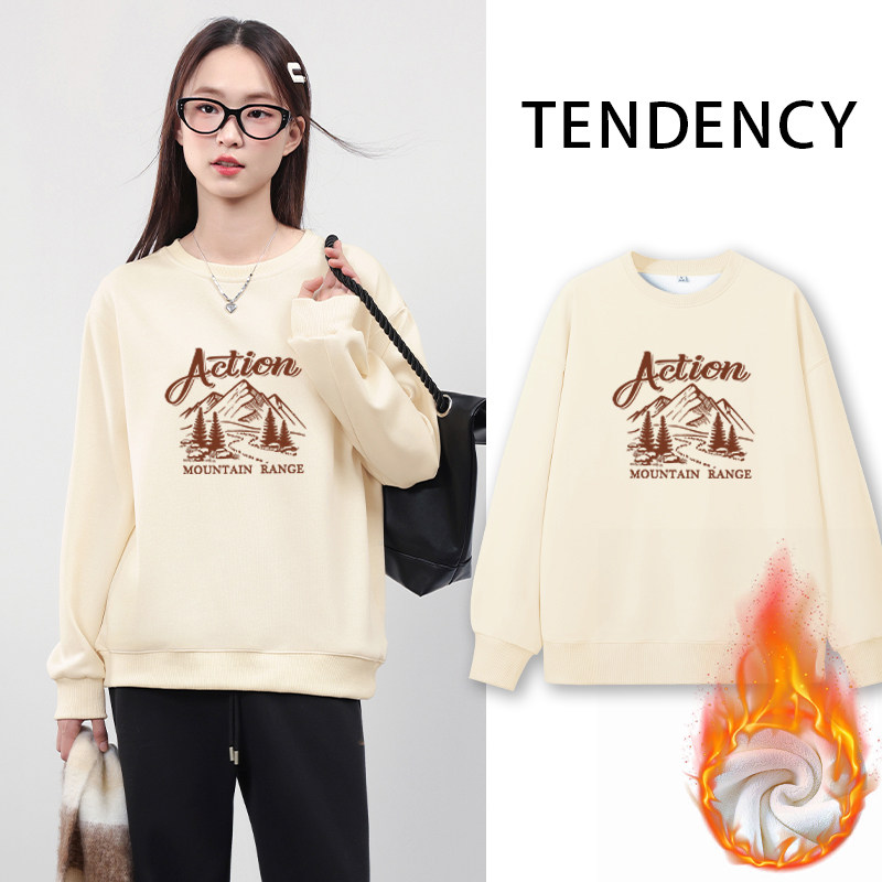 JR真维斯女装保暖加绒卫衣女2025春季新款圆领加绒宽松遮肉上衣