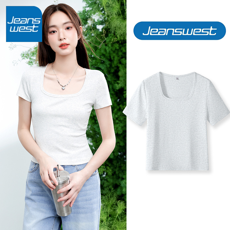真维斯灰色方领短袖女t恤2025夏