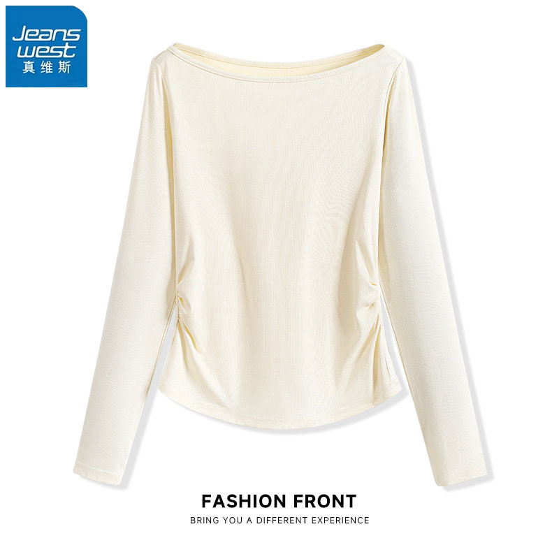 真维斯鹅黄一字领斜肩内搭打底衫