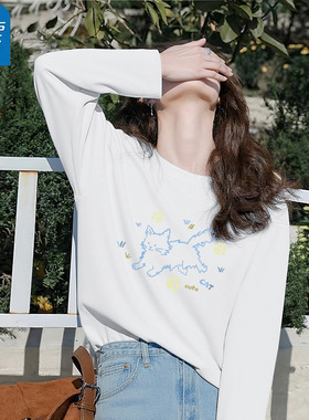 KHV真维斯蓝色长袖t恤女2026春秋款可爱猫咪印花正肩纯棉宽松上衣