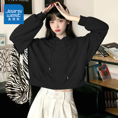 真维斯短款黑色连帽卫衣女2025