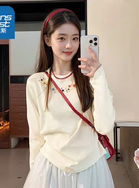 LB真维斯长袖t恤女2025新款秋季学院风内搭打底衫设计感纯棉上衣