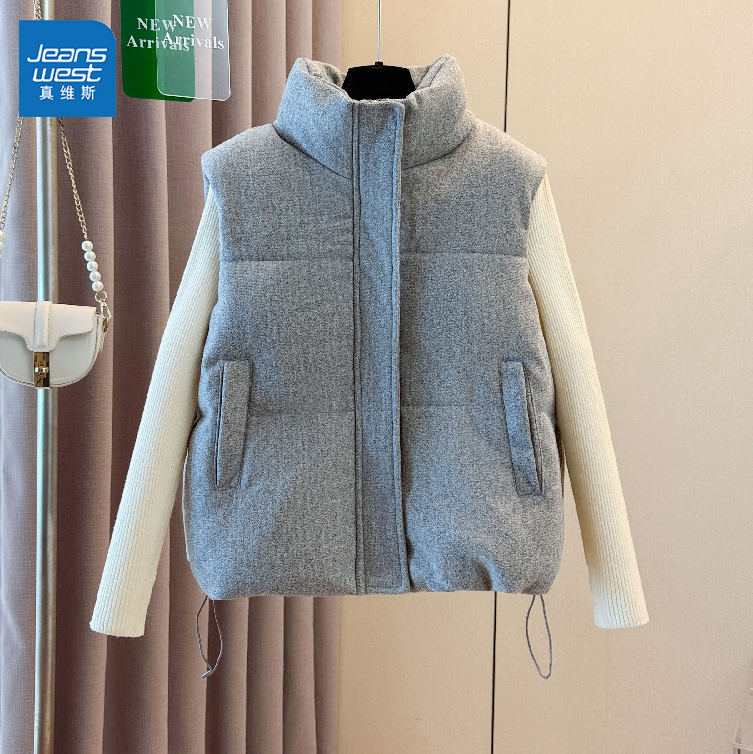 GL真维斯灰色马甲女2025冬季新款韩版立领毛呢时尚感背心外穿外套