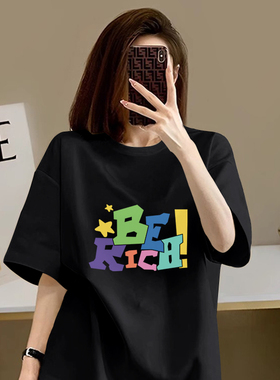 KWV真维斯纯棉黑色短袖t恤女夏2026新款宽松大码美式半袖上衣女