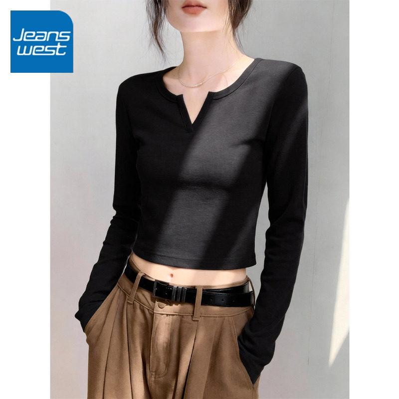 KV真维斯长袖t恤女2026新款春秋季韩系正肩小个子V领设计感上衣服,女装/女士精品,T恤,淘宝优惠券,粉丝福利购,淘宝优惠卷