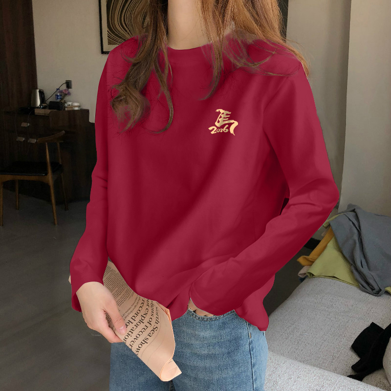 真维斯女纯棉红色本命年长袖t恤