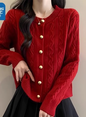 LB真维斯红色毛衣开衫女2025新款冬季针织衫小个子超好看上衣外套