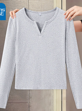 KV真维斯灰色长袖t恤女2026新款春秋季V领修身显瘦内搭打底衫上衣