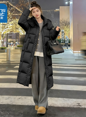 NOW真维斯黑色长款羽绒服女2025新款冬连帽巨好看的冬装棉袄外套