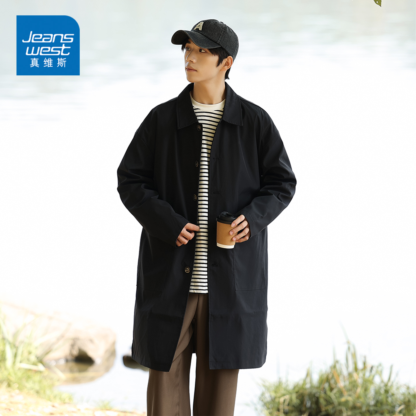 GQ真维斯秋季新薄款翻领风衣男士青年中长款宽松休闲外套上衣服潮