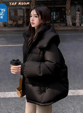 NOW真维斯黑色棉袄女款2025新款保暖棉服巨好看的冬装夹棉厚外套