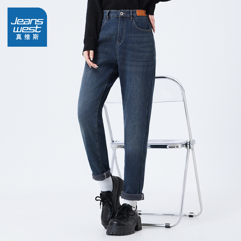 修身骑宾斜贴合水晶绒底牛仔裤