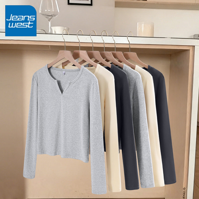 KV真维斯短款紧身长袖T恤女2026年新款秋款小V领打底衫小个子