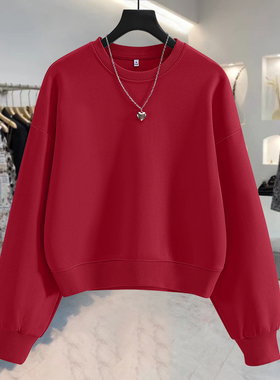 NOW真维斯红色短款圆领卫衣女2026新款春季小个子内搭长袖上衣女