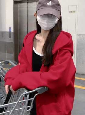 NOW真维斯美式红色连帽卫衣外套女2026新款春秋季高级感开衫穿搭