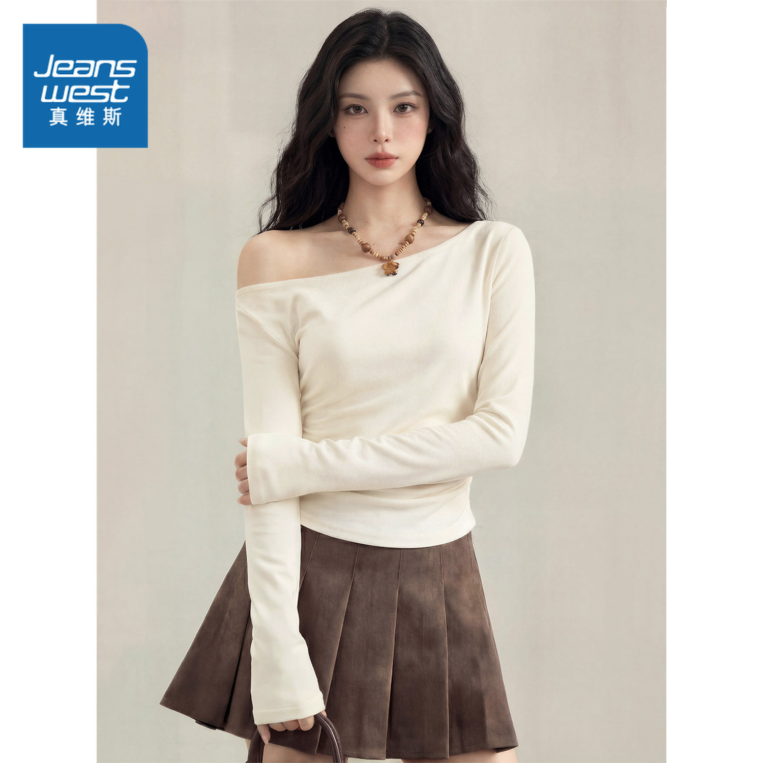 NOW真维斯一字肩长袖t恤女2026新款春秋露肩修身高级感小众上
