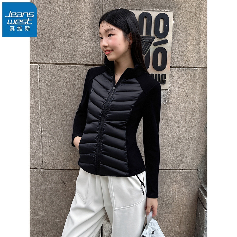 真维斯黑色开衫立领保暖外套女