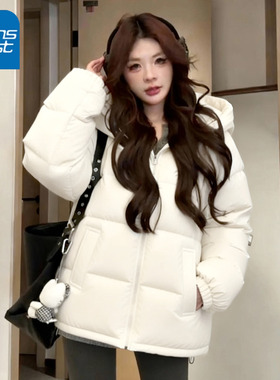 KV真维斯棉服女款冬季2025新款白色连帽面包服小个子韩系时髦外套