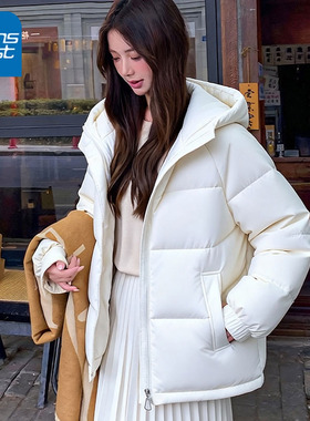 KV真维斯短款棉服女2025新款秋冬季白色连帽棉衣小个子夹棉厚外套