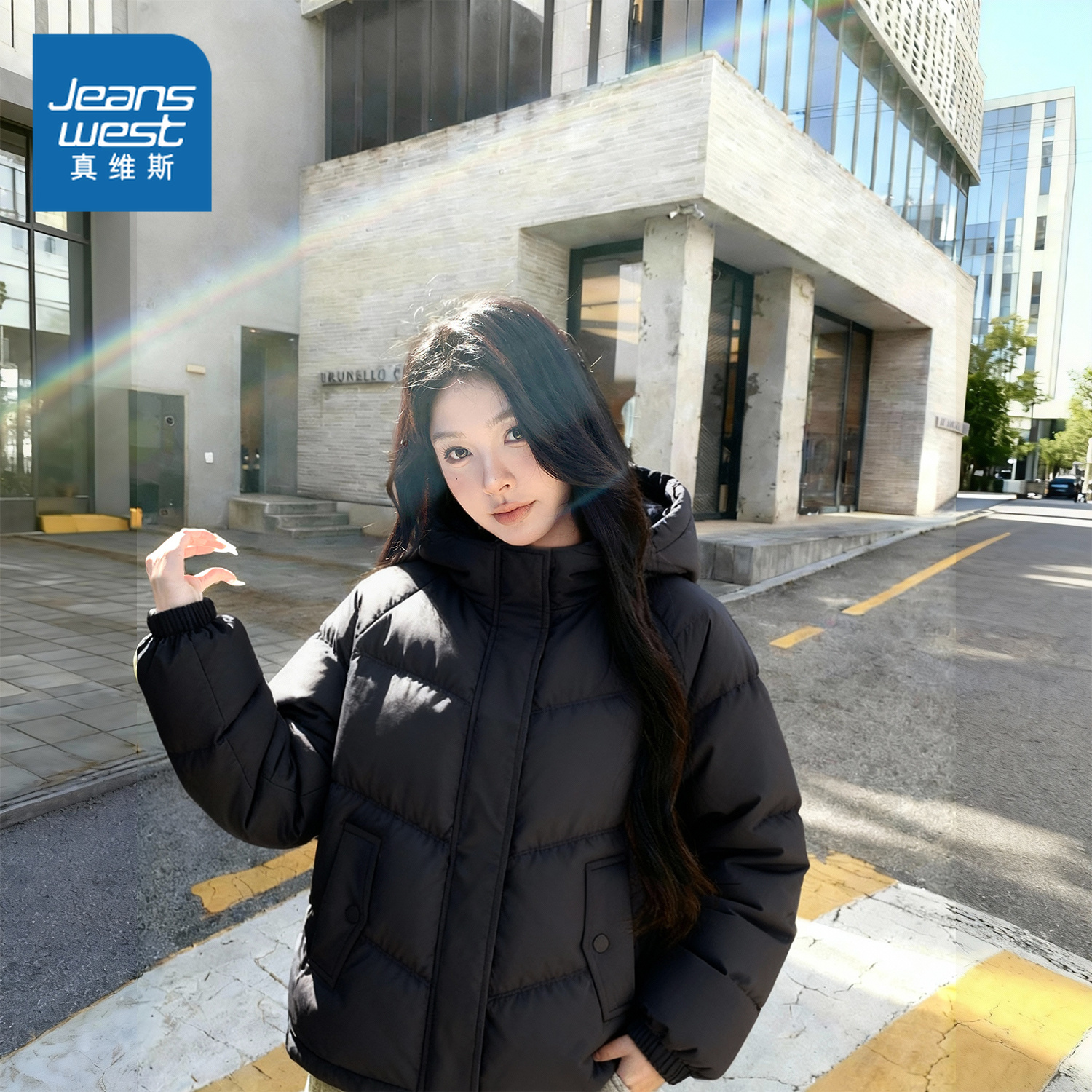 KMV真维斯黑色短款连帽羽绒服女2025新款冬季宽松超保暖加厚外套