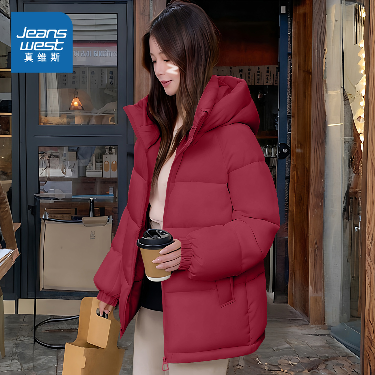 真维斯红色棉服女款2025新款冬