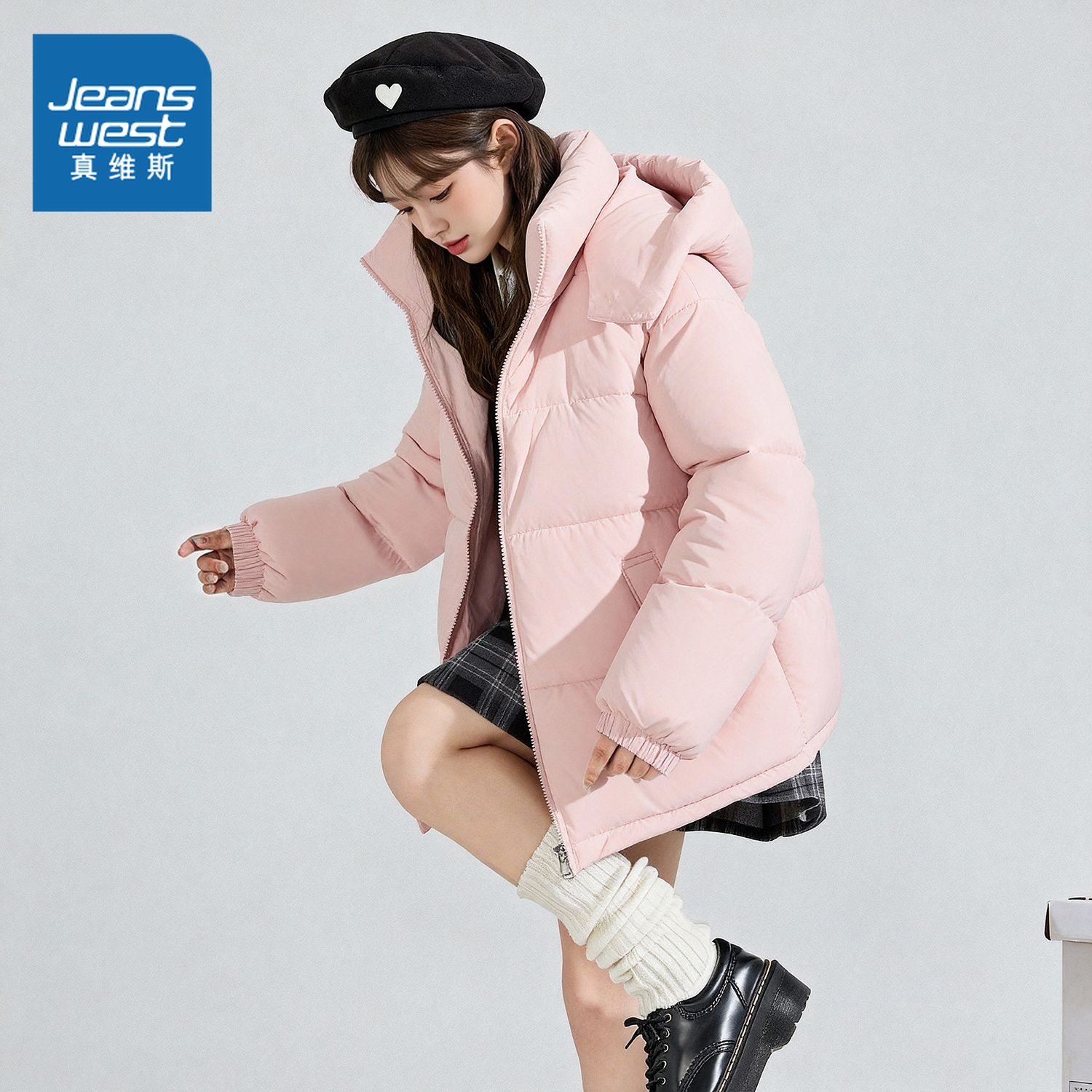 NOW真维斯粉色棉袄女款2025新款韩系保暖棉服冬季连帽厚夹棉外套