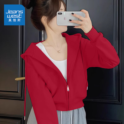 真维斯红色卫衣女春秋款2025新款