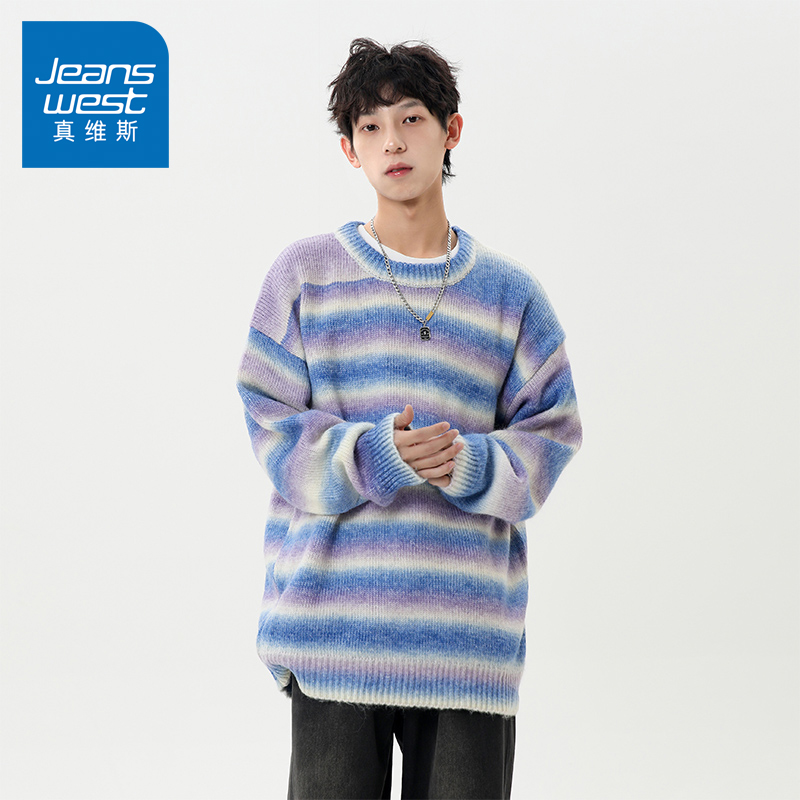 N5真维斯毛衣男2025新款秋冬季美式宽松圆领拼色上衣服男款针织衫