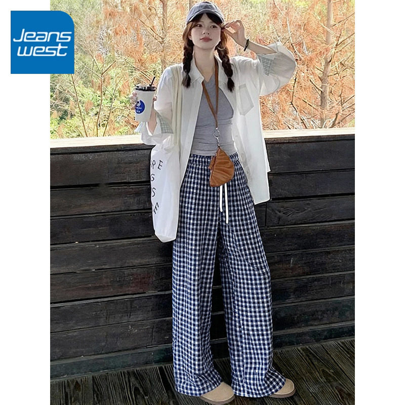 NOA真维斯藏青格纹阔腿裤2026新款夏季宽松慵懒小个子百搭休闲裤,女装/女士精品,休闲裤,淘宝优惠券,粉丝福利购,淘宝优惠卷