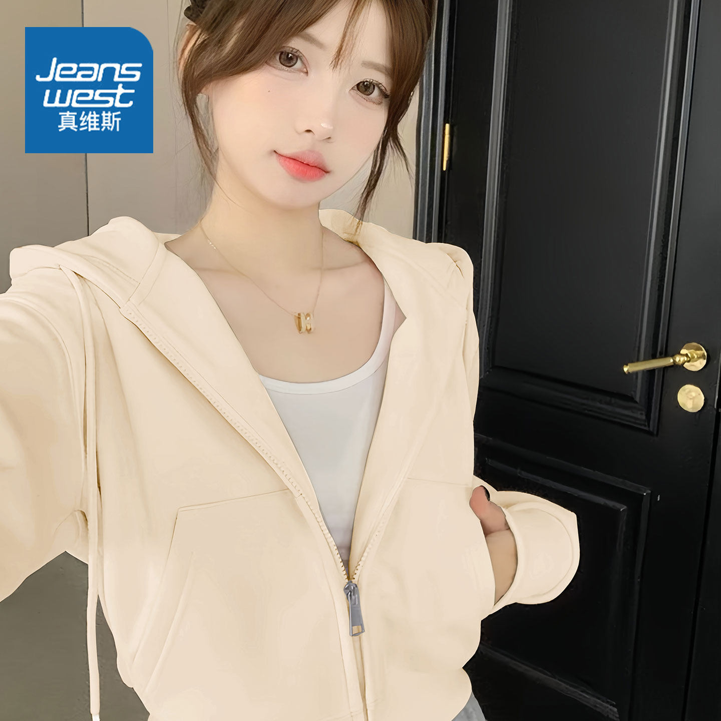 LB真维斯外套女款2025新款秋季韩版时尚设计感上衣短款连帽卫衣女