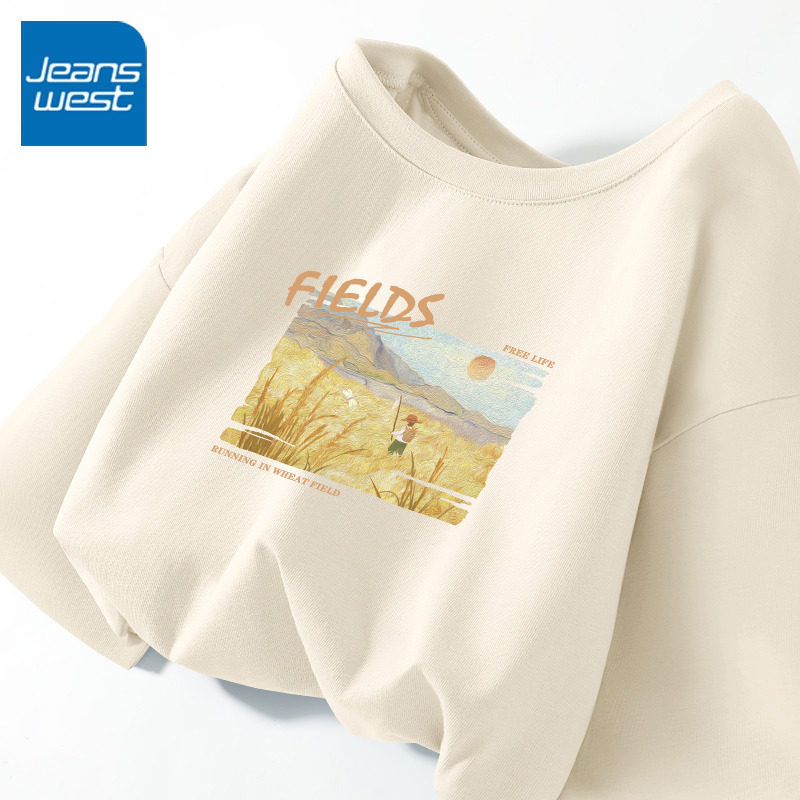 KCV真维斯圆领长袖t恤女2025新款 春秋宽松体恤休闲时尚杏色