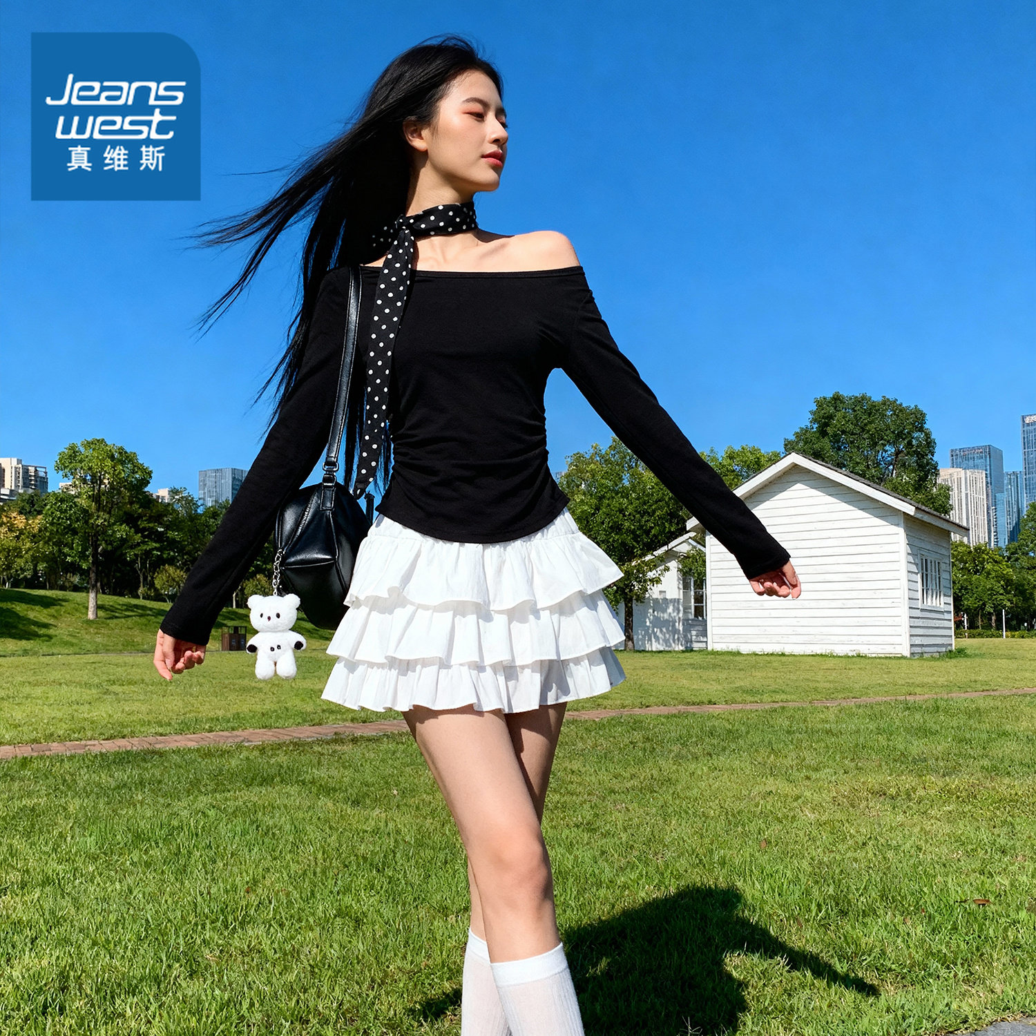 NOW真维斯黑色露肩长袖t恤2026新款春秋季修身高级感一字肩上