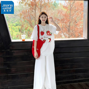 KHV真维斯白色纯棉短袖 正肩上衣 t恤女夏2025新款 小众设计感不撞款