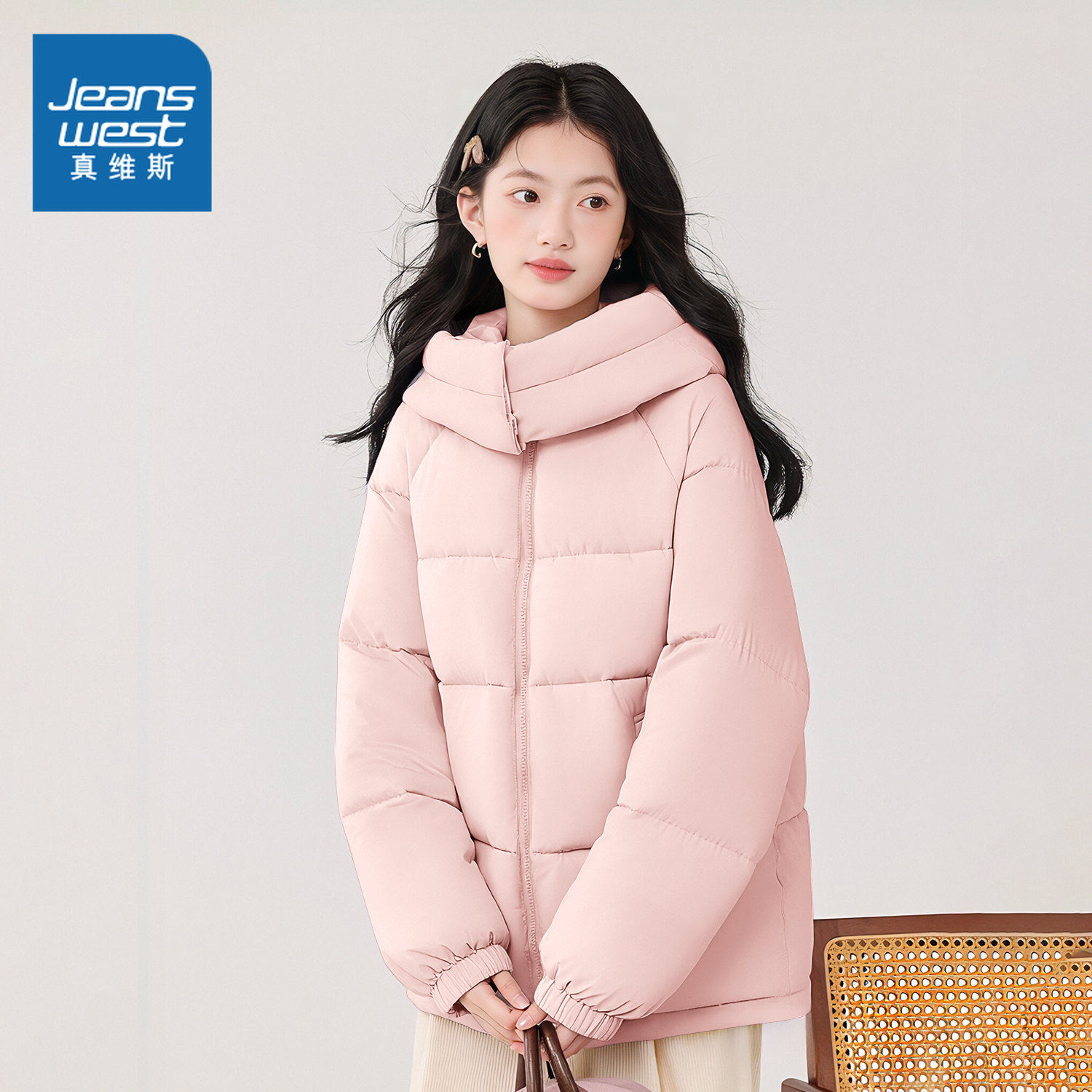 真维斯粉色面包服女棉服夹棉外套