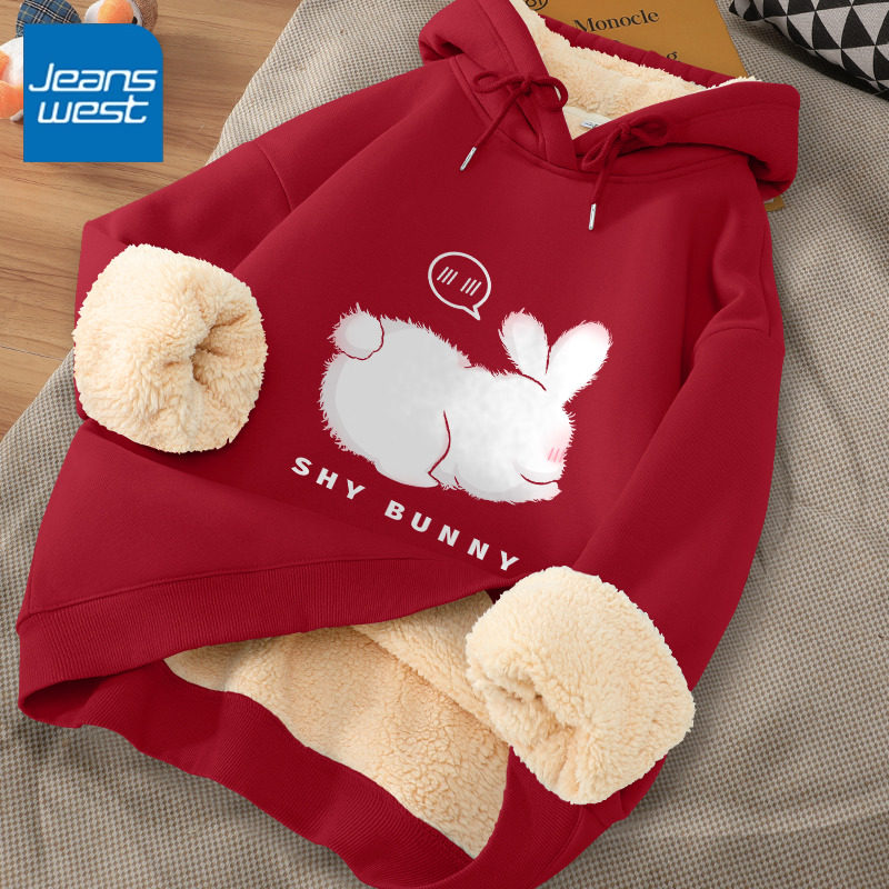 真维斯加厚羊羔毛连帽女卫衣新款