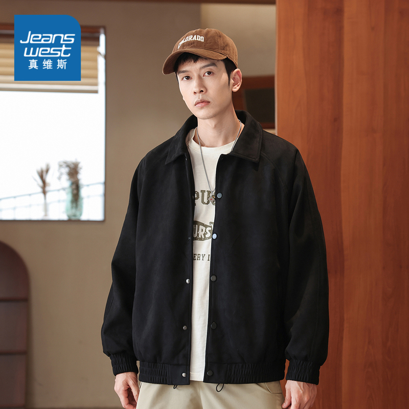 纯色翻领宽松夹克外套上衣真维斯