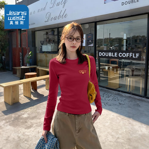 维斯纯棉长袖T恤女红色上衣
