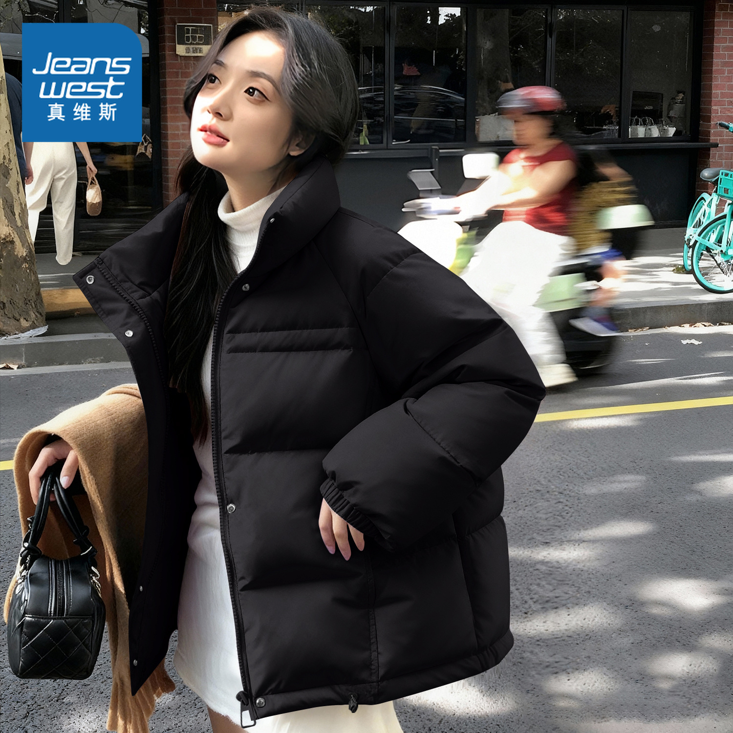 真维斯黑色短款立领羽绒服女款