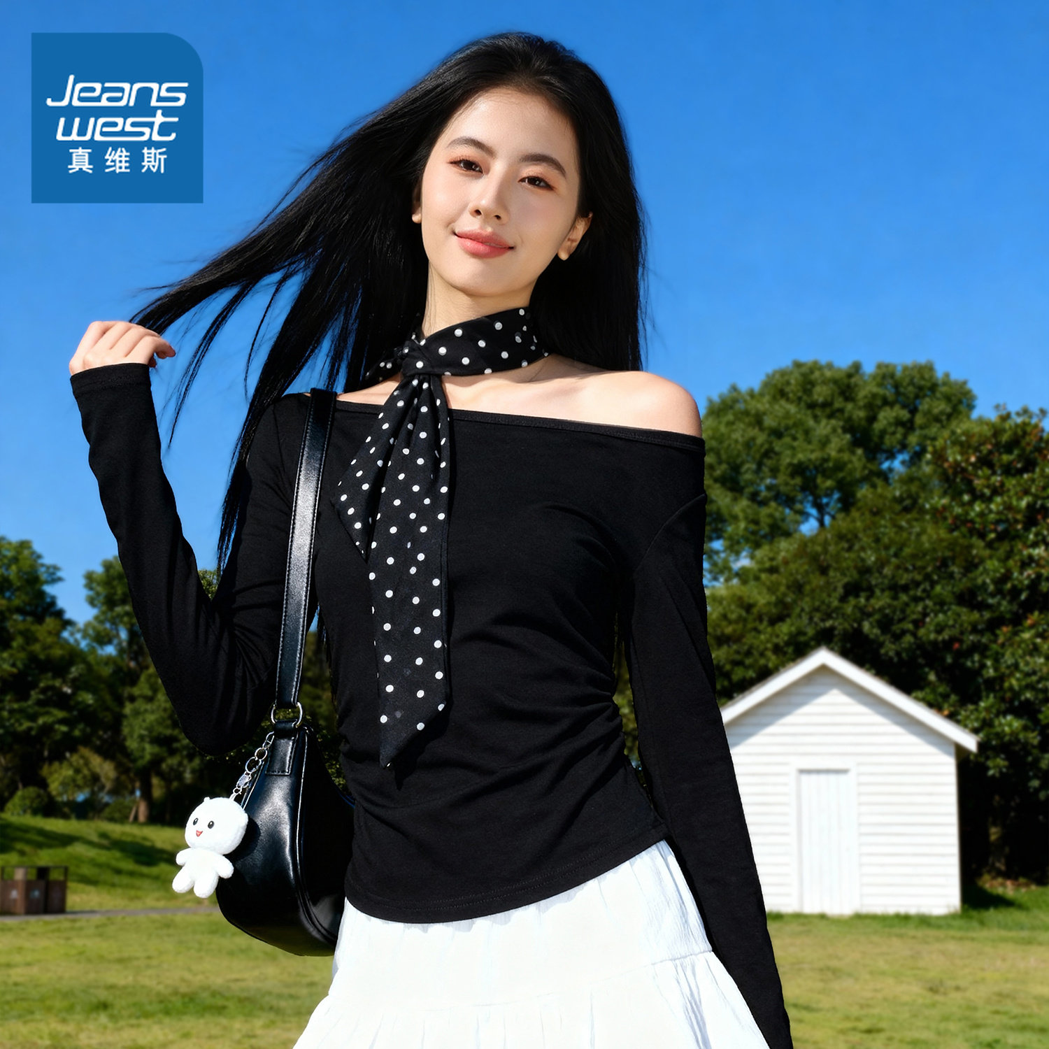 NOW真维斯黑色一字肩长袖t恤2026新款春秋季修身高级感露肩上