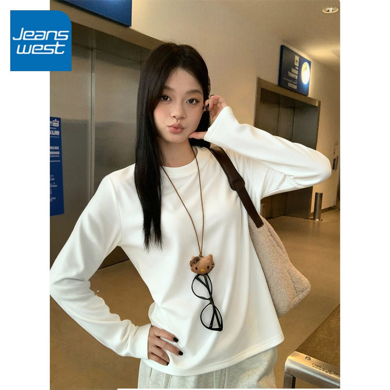 KCV真维斯白色长袖t恤女2026新款春秋韩系宽松时尚内搭打底衫