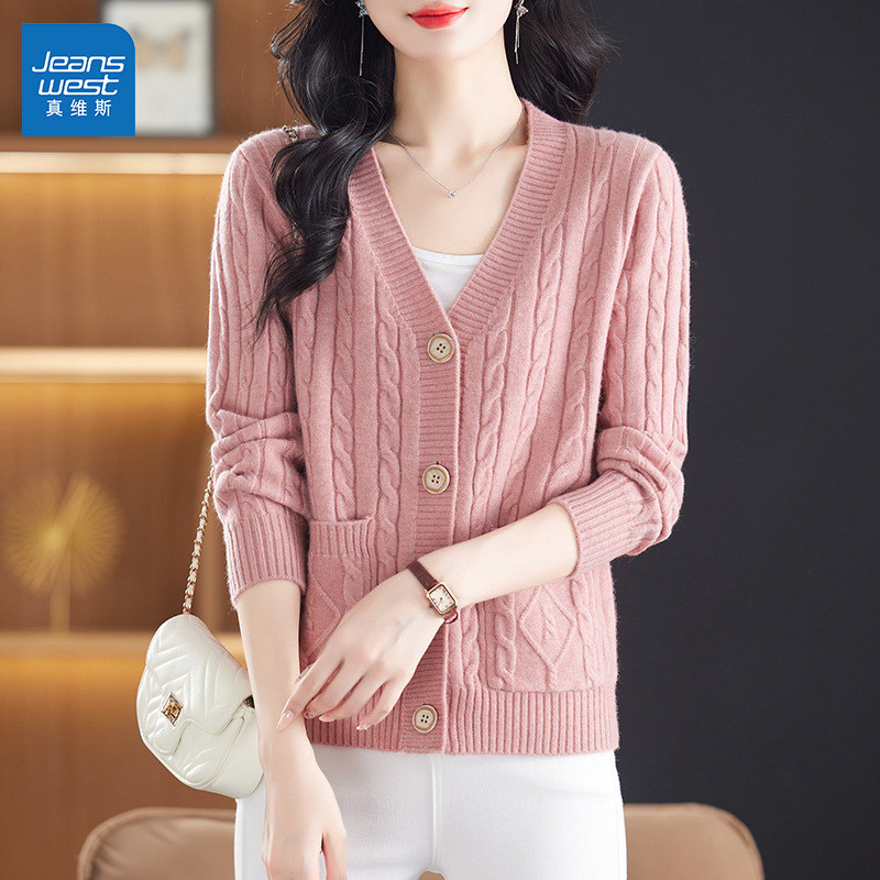 GL真维斯短款针织开衫女2025秋冬季新款气质v领毛衣外套宽松上