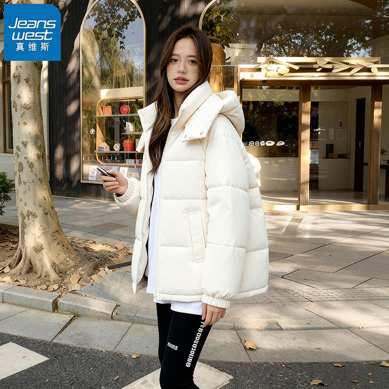 真维斯白色连帽棉服冬装外套