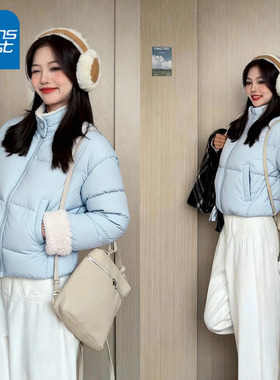 NOA真维斯蓝色宽松棉服女2025新款冬季立领保暖上衣短款棉衣外套