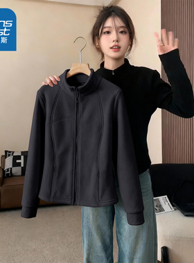 NOW真维斯黑色摇粒绒外套女2025新款秋冬修身内搭冲锋衣抓绒内胆