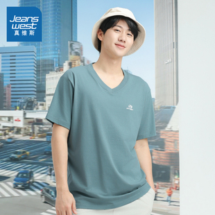 商场同款 纯棉舒适简约V领短袖 真维斯男装 新款 T恤上衣 2025夏季