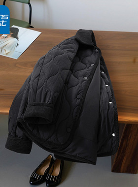 NOA真维斯轻薄短款棉服女2026新款拼接撞色翻领菱格衬衫领外套女