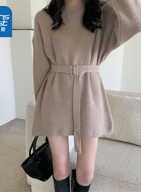 LEZ真维斯女款2026春季温柔风针织连衣裙 收腰显瘦气质毛衣裙女